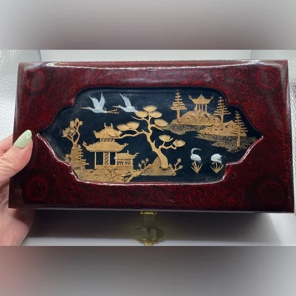 Chinese Pagoda Crane 3D Handcrafted Cork Scene Lacquered Jewelry Decor Box 🍁HP🍁 - Picture 4 of 17